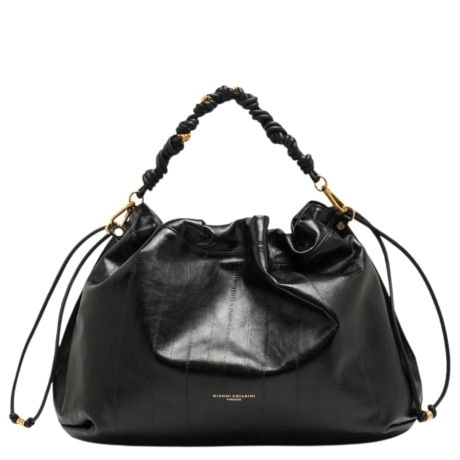 Borsa Hobo Morgana in Pelle Nera con Manico Intrecciato e Laccetti Laterali