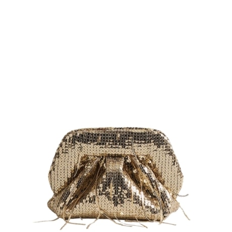 Borsa Clutch da Sera con Paillettes Dorate e Dettaglio Frange