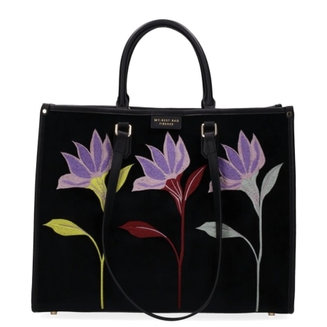 BORSA A SPALLA ATENA ESSENCE NERA CON FIORI VIOLA