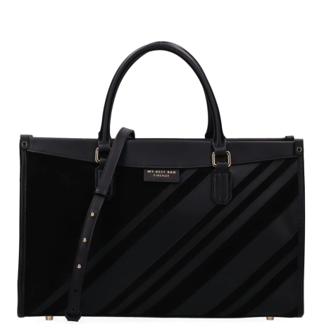 Borsa Tote da Donna in Pelle e Camoscio Nero con Righe Diagonali