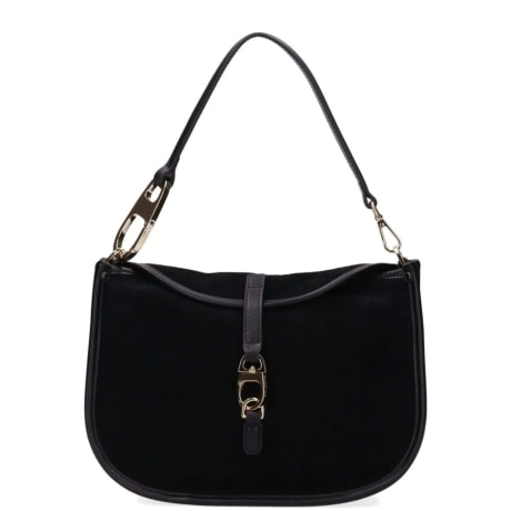 Borsa a Spalla Effetto Suede Nero con Fibbia Dorata