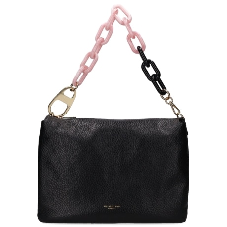 Borsa a Spalla Donna in Pelle Martellata Nera con Manico a Catena Bicolore Rosa e Nero