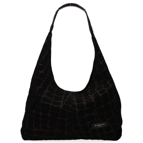 Borsa a Spalla Hobo in Pelle ELLISSE CROCO SUEDE NERA