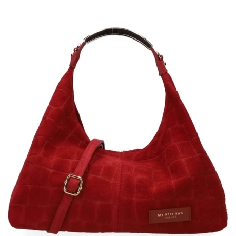 Borsa Hobo da Spalla in Camoscio BORDEAUX Stampa Cocco con Manico Rigido