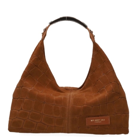 Borsa Hobo Donna in Camoscio Stampato Coccodrillo Cognac