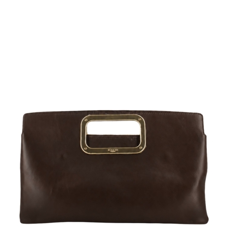 Borsa Clutch a Mano in Morbida Pelle con Manico Metallico Dorato Marrone