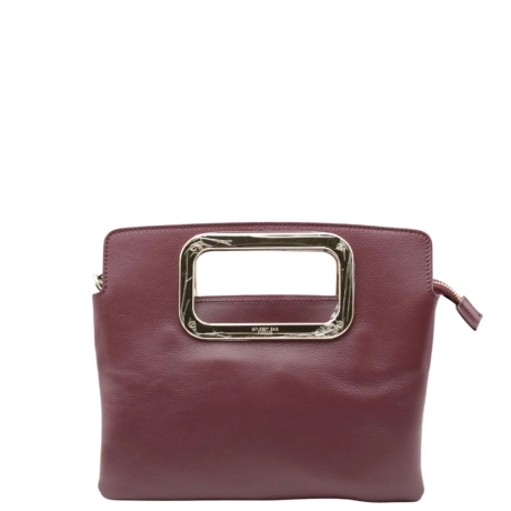 Borsa a Mano e Tracolla in Pelle con Manico Metallo Bordeaux