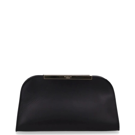 Borsa Clutch a Mano in Pelle Nera con Dettaglio Metallico Gold