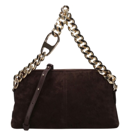 Borsa a Spalla e Tracolla in Camoscio Marrone Scuro con Catena Dorata