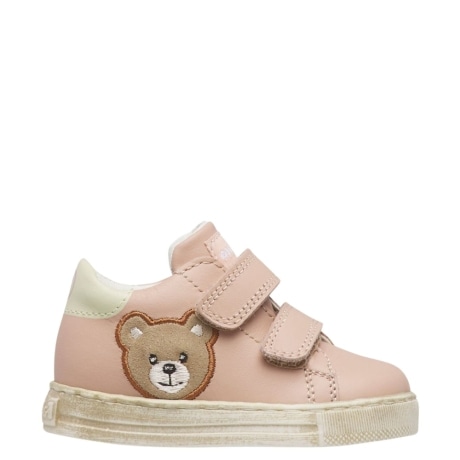 sneakers geordi primi passi in pelle cipria con ricamo orsetto