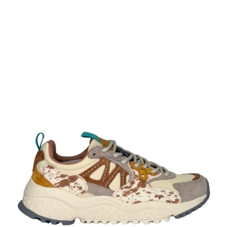 Sneakers SOLIN in Pelle e Suede con Inserti in Cavallino Cow Print Beige Milk Orange