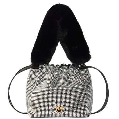 Borsa secchiello a spalla full strass con tracolla effetto pelliccia