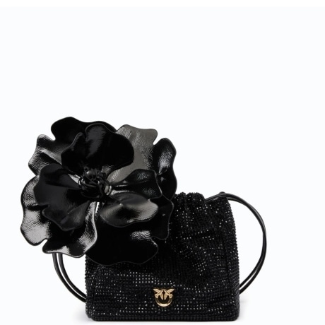 Borsa secchiello a spalla in tessuto full strass con fiore