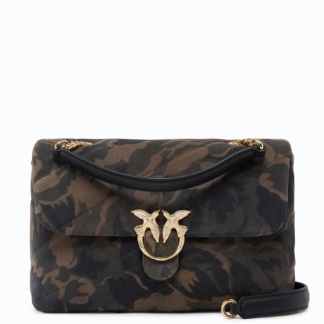 Borsa a tracolla media Love Bag Puff in suede con stampa camouflage e fibbia gioiello