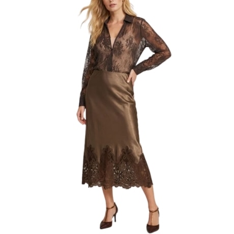 Gonna Longuette Satin con Bordo in Pizzo Fango
