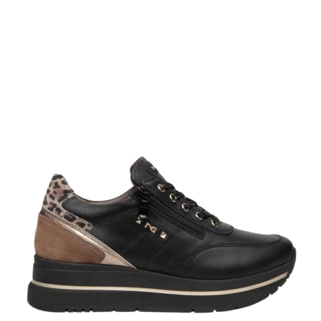 Sneaker Platform Donna in Pelle Nera con Zeppa, Dettaglio Leopardato e Zip