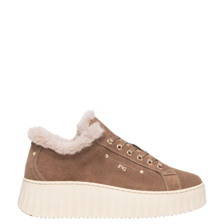 Sneakers da donna in pelle scamosciata e pelliccia beige