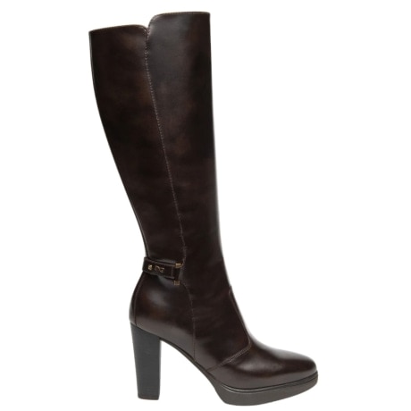 Stivale Alto in Pelle Marrone Scuro con Tacco Alto e Plateau
