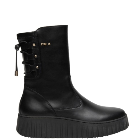 Stivaletto Donna in Pelle Nera con Coulisse Posteriore e Suola Chunky