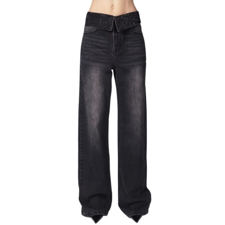 Denim ORI a gamba dritta con dettaglio vita risvoltata ricoperta di micro strass NERO